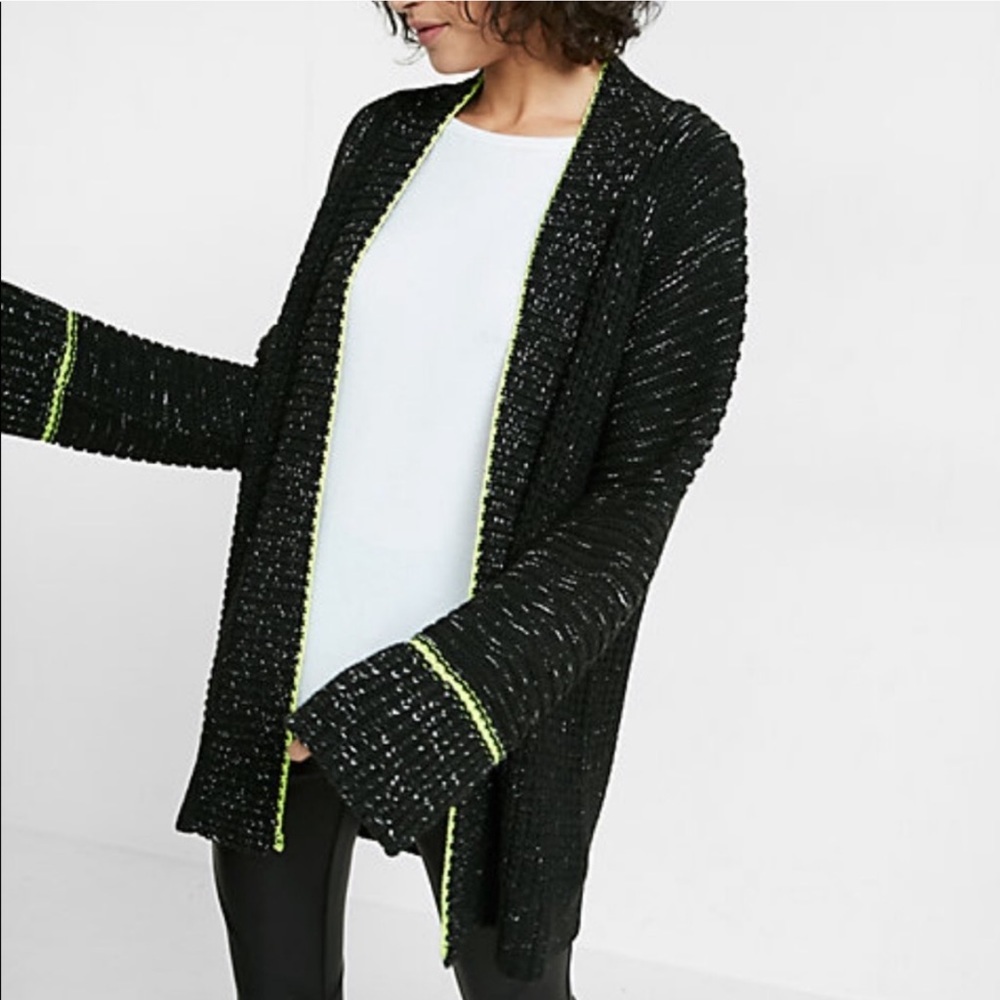💚 EXPRESS Black Marl Neon Green Trim Long Cardigan Car Coat